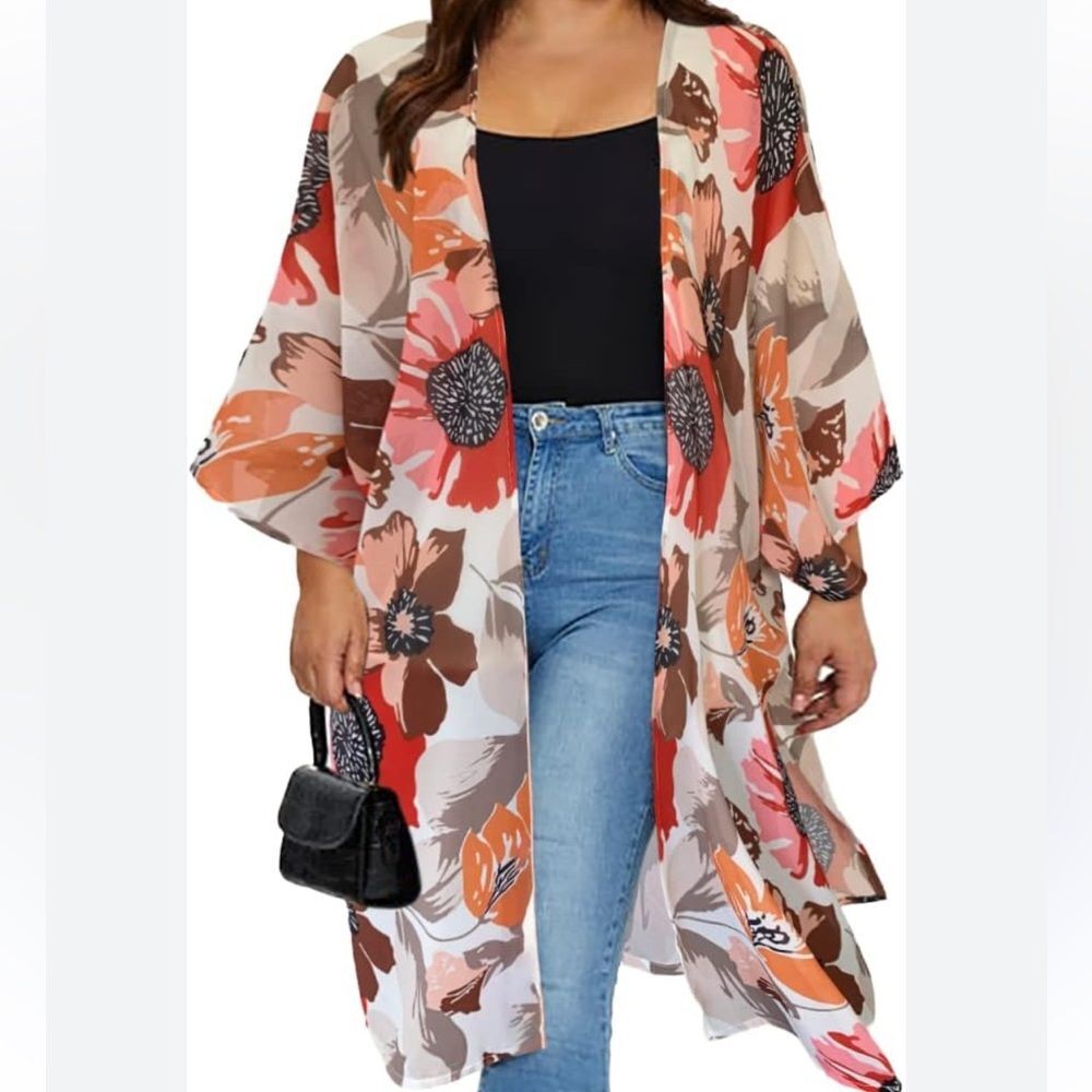 Boutique XL Floral Sheer Kimono Orange Pink